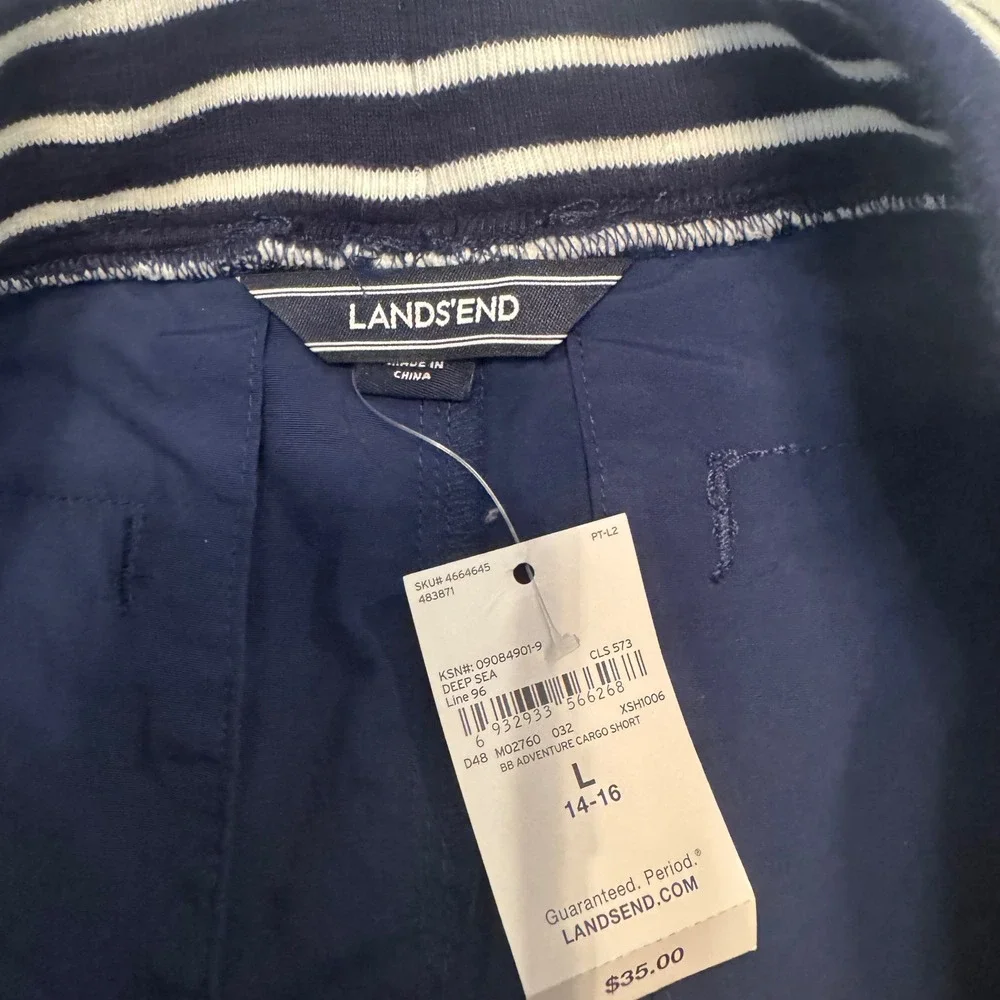 Lands End Adventure Cargo Shorts Boys L 14-16 Navy Blue Striped Waistband NEW